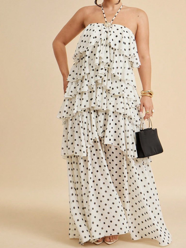 Black And White Boho Women's Polka Dot Ruffle Maxi Dress